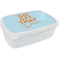 MuchoWow Broodtrommel Wit - Lunchbox Blauw - Oranje - Tekst - Brooddoos 18x12x6 cm - Brood lunch box - Broodtrommels voor kinderen en volwassenen