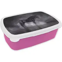 MuchoWow Broodtrommel Roze - Lunchbox Paard - Magisch - Zwart - Brooddoos 18x12x6 cm - Brood lunch box - Broodtrommels voor kinderen en volwassenen