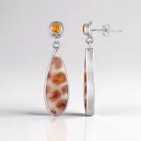 Cavill - Zilveren Oorbellen 925 Sterling - Peervormige Versteend Koraal 12,5 ct - Mandarijngranaten 0,66 ct - Elegante Druppelvormige Dames Sieraden