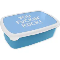 MuchoWow Broodtrommel Blauw - Lunchbox Blauw - Wit - You fuckin rock - Brooddoos 18x12x6 cm - Brood lunch box - Broodtrommels voor kinderen en volwassenen