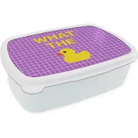 MuchoWow Broodtrommel Wit - Lunchbox Tekst - Eend - Paars - Brooddoos 18x12x6 cm - Brood lunch box - Broodtrommels voor kinderen en volwassenen