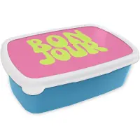MuchoWow Broodtrommel Blauw - Lunchbox Bonjour - Roze - Fel groen - Brooddoos 18x12x6 cm - Brood lunch box - Broodtrommels voor kinderen en volwassenen