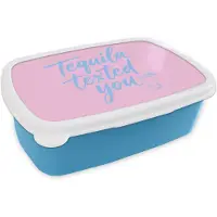 MuchoWow Broodtrommel Blauw - Lunchbox Tequila texted you - Roze - Blauw - Brooddoos 18x12x6 cm - Brood lunch box - Broodtrommels voor kinderen en volwassenen