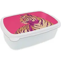 MuchoWow Broodtrommel Wit - Lunchbox Tijger - Modern - Neon - Brooddoos 18x12x6 cm - Brood lunch box - Broodtrommels voor kinderen en volwassenen