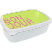 MuchoWow Broodtrommel Wit - Lunchbox Groen - Smiley - Bonjour - Roze - Brooddoos 18x12x6 cm - Brood lunch box - Broodtrommels voor kinderen en volwassenen