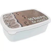 MuchoWow Broodtrommel Wit - Lunchbox Where to next - Strand - Voetstappen - Brooddoos 18x12x6 cm - Brood lunch box - Broodtrommels voor kinderen en volwassenen