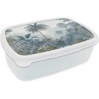 MuchoWow Broodtrommel Wit - Lunchbox Jungle - Modern - Blauw - Groen - Brooddoos 18x12x6 cm - Brood lunch box - Broodtrommels voor kinderen en volwassenen