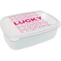 MuchoWow Broodtrommel Wit - Lunchbox Lucky - Roze - Patroon - Brooddoos 18x12x6 cm - Brood lunch box - Broodtrommels voor kinderen en volwassenen