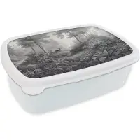 MuchoWow Broodtrommel Wit - Lunchbox Bos - Hert - Zwart - Wit - Brooddoos 18x12x6 cm - Brood lunch box - Broodtrommels voor kinderen en volwassenen