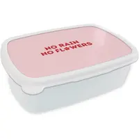 MuchoWow Broodtrommel Wit - Lunchbox No rain no flowers - Minimalistisch - Roze - Bloem - Brooddoos 18x12x6 cm - Brood lunch box - Broodtrommels voor kinderen en volwassenen
