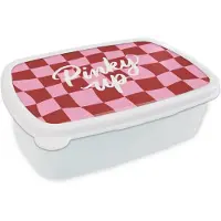 MuchoWow Broodtrommel Wit - Lunchbox Pinky up - Geblokt - Bordeauxrood - Brooddoos 18x12x6 cm - Brood lunch box - Broodtrommels voor kinderen en volwassenen