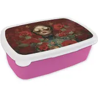 MuchoWow Broodtrommel Roze - Lunchbox Bloemen - Dieprood - Zonnebril - Vrouw - Brooddoos 18x12x6 cm - Brood lunch box - Broodtrommels voor kinderen en volwassenen