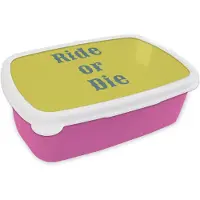 MuchoWow Broodtrommel Roze - Lunchbox Ride or die - Geel - Blauw - Brooddoos 18x12x6 cm - Brood lunch box - Broodtrommels voor kinderen en volwassenen