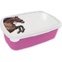 MuchoWow Broodtrommel Roze - Lunchbox Paard - Springen - Modern - Brooddoos 18x12x6 cm - Brood lunch box - Broodtrommels voor kinderen en volwassenen
