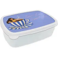 MuchoWow Broodtrommel Wit - Lunchbox Mok - Koffie - Vrouw - Paars - Brooddoos 18x12x6 cm - Brood lunch box - Broodtrommels voor kinderen en volwassenen