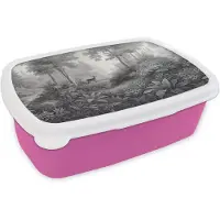 MuchoWow Broodtrommel Roze - Lunchbox Bos - Hert - Zwart - Wit - Brooddoos 18x12x6 cm - Brood lunch box - Broodtrommels voor kinderen en volwassenen