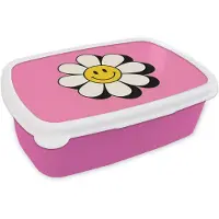 MuchoWow Broodtrommel Roze - Lunchbox Smiley - Bloem - Roze - Brooddoos 18x12x6 cm - Brood lunch box - Broodtrommels voor kinderen en volwassenen