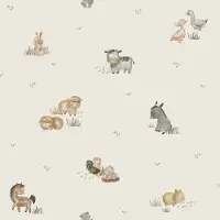 Happy Behang - Boerderij Dieren - Farmhouse - Babykamer Neutraal - Beige Bruin - Kinderkamer - Landelijk - Dierenbehang - Koe Schaap Paard - Aquarel - 0,53 x 10,05 M -