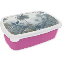 MuchoWow Broodtrommel Roze - Lunchbox Jungle - Modern - Blauw - Groen - Brooddoos 18x12x6 cm - Brood lunch box - Broodtrommels voor kinderen en volwassenen