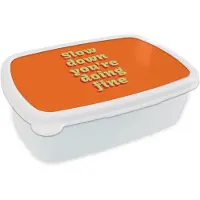 MuchoWow Broodtrommel Wit - Lunchbox Oranje - Slow down you're doing fine - Retro - Brooddoos 18x12x6 cm - Brood lunch box - Broodtrommels voor kinderen en volwassenen