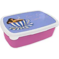 MuchoWow Broodtrommel Roze - Lunchbox Mok - Koffie - Vrouw - Paars - Brooddoos 18x12x6 cm - Brood lunch box - Broodtrommels voor kinderen en volwassenen