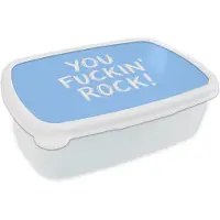 MuchoWow Broodtrommel Wit - Lunchbox Blauw - Wit - You fuckin rock - Brooddoos 18x12x6 cm - Brood lunch box - Broodtrommels voor kinderen en volwassenen