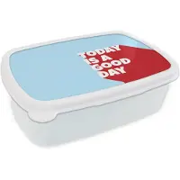 MuchoWow Broodtrommel Wit - Lunchbox Today is a good day - Rood - lichtblauw - Brooddoos 18x12x6 cm - Brood lunch box - Broodtrommels voor kinderen en volwassenen
