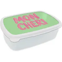 MuchoWow Broodtrommel Wit - Lunchbox Mon cheri - Groen - Roze - Brooddoos 18x12x6 cm - Brood lunch box - Broodtrommels voor kinderen en volwassenen