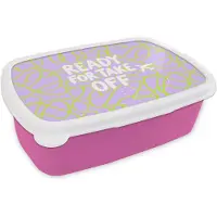 MuchoWow Broodtrommel Roze - Lunchbox Ready for take off - Vliegtuig - Groen - Paars - Golvende lijnen - Brooddoos 18x12x6 cm - Brood lunch box - Broodtrommels voor kinderen en volwassenen