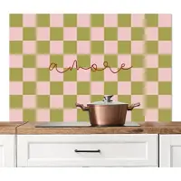 KitchenYeah Spatscherm keuken 120x80 cm - Kookplaat achterwand Patroon - Geblokt - Olijfgroen - Amore - Muurbeschermer - Spatwand fornuis - Hoogwaardig aluminium