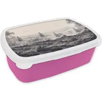 MuchoWow Broodtrommel Roze - Lunchbox Mistig - Berglandschap - Illustratie - Brooddoos 18x12x6 cm - Brood lunch box - Broodtrommels voor kinderen en volwassenen