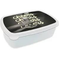 MuchoWow Broodtrommel Wit - Lunchbox Cheers - Wijn - Zwart - Wit - Brooddoos 18x12x6 cm - Brood lunch box - Broodtrommels voor kinderen en volwassenen