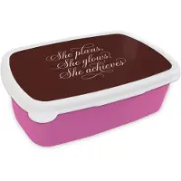 MuchoWow Broodtrommel Roze - Lunchbox She plans she glows she achieves - Rood - Cursief - Brooddoos 18x12x6 cm - Brood lunch box - Broodtrommels voor kinderen en volwassenen