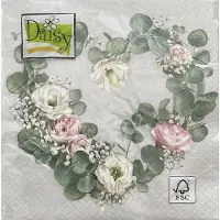 Daisy 40 Servetten - Hart Krans - Eucalyptus - Roos - Gipskruid - Groen - Roze - Wit - Grijze achtergrond - 33 x 33 cm - 3-Laags -