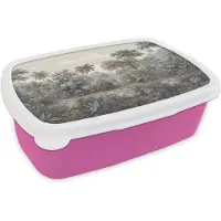 MuchoWow Broodtrommel Roze - Lunchbox Tropisch - Landschap - Illustratie - Brooddoos 18x12x6 cm - Brood lunch box - Broodtrommels voor kinderen en volwassenen