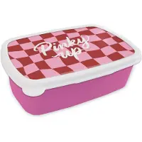 MuchoWow Broodtrommel Roze - Lunchbox Pinky up - Geblokt - Bordeauxrood - Brooddoos 18x12x6 cm - Brood lunch box - Broodtrommels voor kinderen en volwassenen