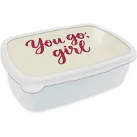 MuchoWow Broodtrommel Wit - Lunchbox you go girl - Rood - Wit - Brooddoos 18x12x6 cm - Brood lunch box - Broodtrommels voor kinderen en volwassenen