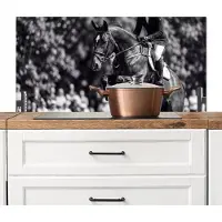 KitchenYeah Spatscherm keuken 100x50 cm - Kookplaat achterwand Springen - Paard - Zwart - Wit - Muurbeschermer - Spatwand fornuis - Hoogwaardig aluminium