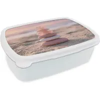 MuchoWow Broodtrommel Wit - Lunchbox Stenen - Zand - Roze - Brooddoos 18x12x6 cm - Brood lunch box - Broodtrommels voor kinderen en volwassenen