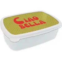 MuchoWow Broodtrommel Wit - Lunchbox Ciao bella - Rood - Groen - Stippen - Brooddoos 18x12x6 cm - Brood lunch box - Broodtrommels voor kinderen en volwassenen