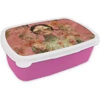 MuchoWow Broodtrommel Roze - Lunchbox Vrouw - Bril - Roze - Bloemen - Brooddoos 18x12x6 cm - Brood lunch box - Broodtrommels voor kinderen en volwassenen