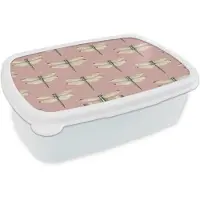 MuchoWow Broodtrommel Wit - Lunchbox Lillibellen - Patroon - Roze - Brooddoos 18x12x6 cm - Brood lunch box - Broodtrommels voor kinderen en volwassenen