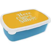 MuchoWow Broodtrommel Blauw - Lunchbox Geel - Blauw - Here comes the sun - Brooddoos 18x12x6 cm - Brood lunch box - Broodtrommels voor kinderen en volwassenen
