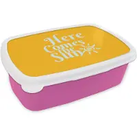 MuchoWow Broodtrommel Roze - Lunchbox Geel - Blauw - Here comes the sun - Brooddoos 18x12x6 cm - Brood lunch box - Broodtrommels voor kinderen en volwassenen