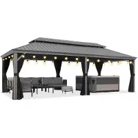 PURPLE LEAF Hardtop Aluminium Tuinpaviljoen – Dubbel dak – Hoogwaardige Gordijnen – Wind- en weerbestendig – Luxe Lichtgrijs – Met Sfeerverlichting