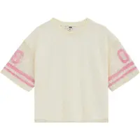 We fashion oversized gestreepte semi-transparante T-shirt met tekst - ecru Meisjes Polyester Ronde hals - maat 122/128