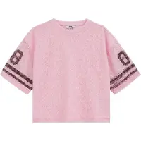 We fashion oversized gestreepte semi-transparante T-shirt met tekstprint - roze Meisjes Polyester Ronde hals - maat 98/104