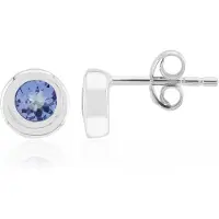 Cavill - Oorstekers 925 Sterling Zilver - Palladium Verguld - 4mm Blauwe Tanzaniet Edelsteen - Ronde Bezel - Moderne Elegante Oorbellen