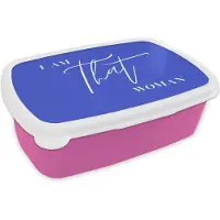 MuchoWow Broodtrommel Roze - Lunchbox Blauw - I am that woman - Sierlijk - Minimalistisch - Brooddoos 18x12x6 cm - Brood lunch box - Broodtrommels voor kinderen en volwassenen