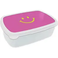 MuchoWow Broodtrommel Wit - Lunchbox Smiley - Vrolijk - Roze - Brooddoos 18x12x6 cm - Brood lunch box - Broodtrommels voor kinderen en volwassenen